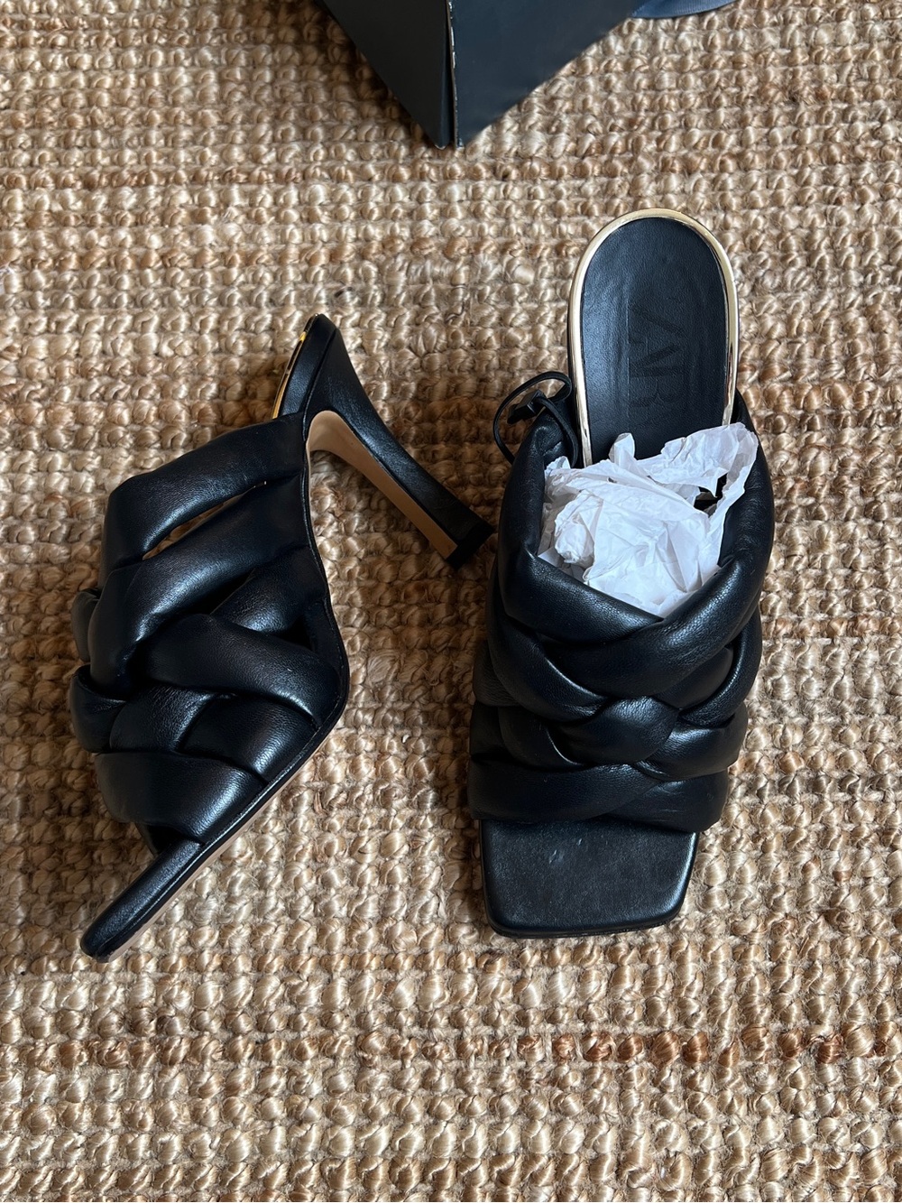 Zara Black Braided Leather High Heel Slide
